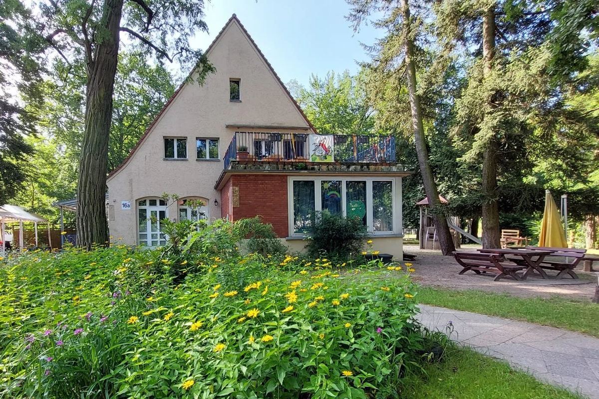 Das Kitagebäude im Sommer, davor eine blühende Wiese mit gelben Blumen